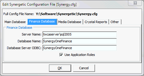 Edit Synergetic Configuration File [Synergy.cfg] window - Finance Database tab